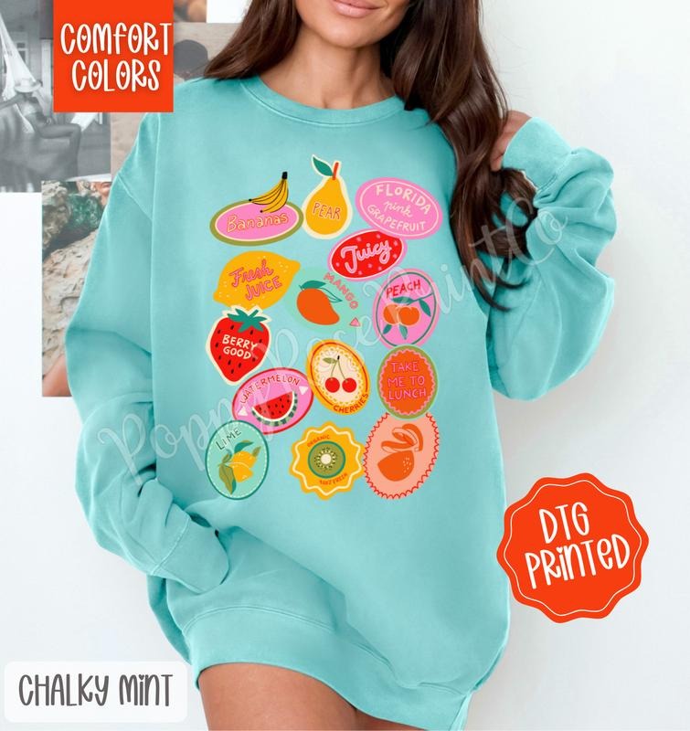 Fruit stickers Comfort Colors Sweatshirt, Trendy Women's Crewneck T-Shirts, Hoodie | PureTeeCo.com
