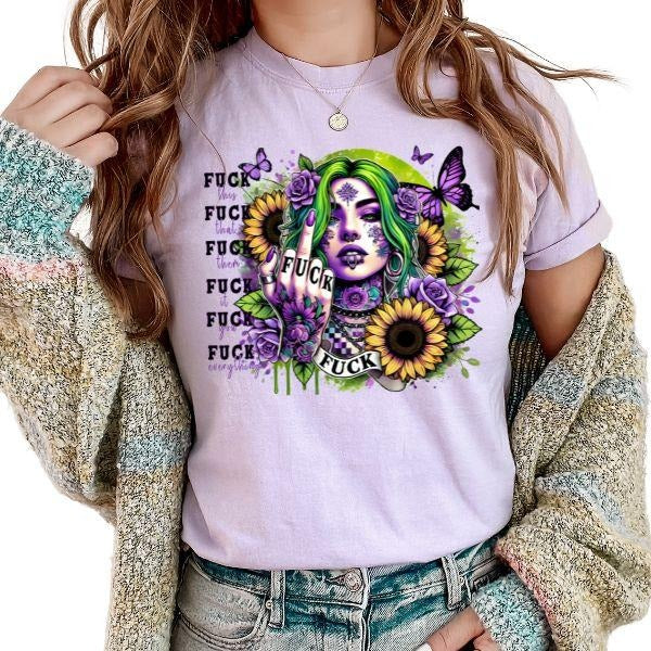 Fuc$ T Shirt with Tattted Woman & Sunflowers & Butterflies, Adult Humor Offensive Short Sleeve T Shirt, Middle Finger...