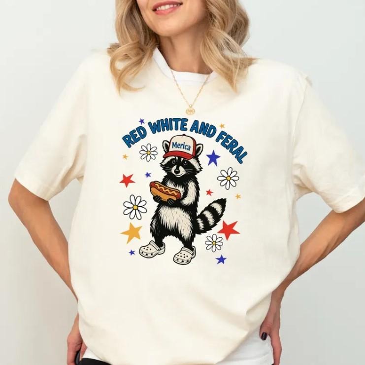 Funny 4th Of July Shirt, American Shirt, Feral And Free Shirt, Funny Raccoon Hot Dog Shirt Hoodie, Sweatshirt | PureTeeCo.com
