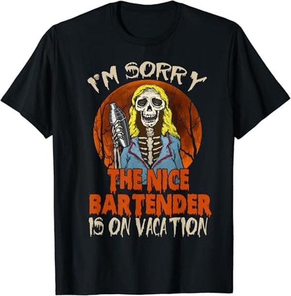 Funny Bar Shirts, The Nice Bartender Scary Skeleton Bearding Halloween T-Shirt Menswear Top