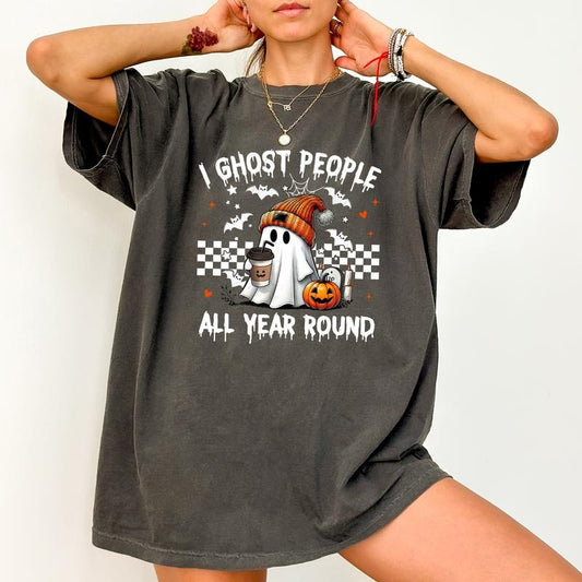 Funny Coffee Ghost Shirt Comfort Colors, I Ghost People All Year Round, Cute Halloween Tee for Girls, Halloween Boo Tshirt, Halloween Party Tees, Trap Girl Outfit, Cotton Fabric Graphic Tees, Comfy Women's Tops, Casual Womenswear, Relaxed Fit Chic Style