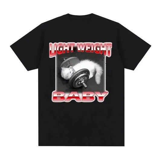 Funny Cute Cat Dumbbell Print Crew Neck T-shirt, Casual Loose Short Sleeve Fashion Summer T-Shirts Tops Women's Clothing, vintage unisex Printed