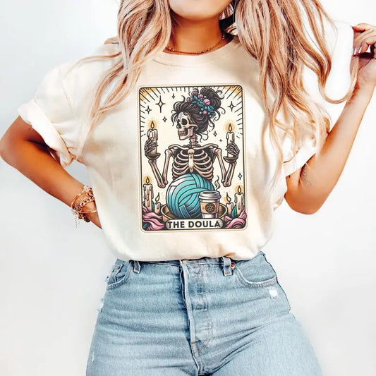Funny Doula Shirt, Doula Tarot Card Shirt, Birth Doula Tee, Postpartum Doula Halloween T-Shirt, Doula Gift, Gift for Doula Streetwear Cotton Printed