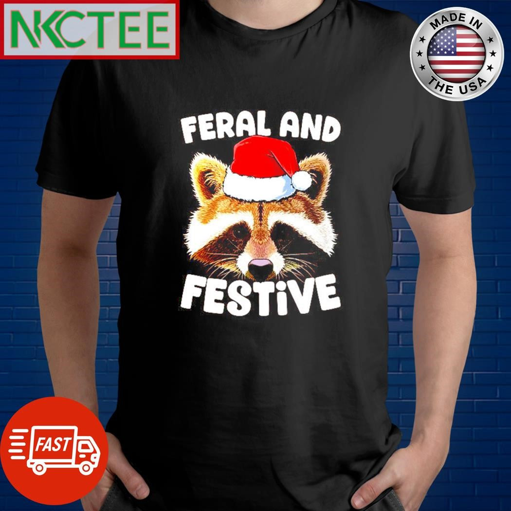 Funny Feral and festive raccoon head hat Christmas shirt