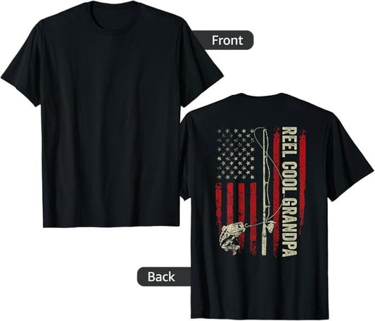 Funny Grandpa Shirt, Gift For Grandfather, Reel Cool Grandpa Fishing American Flag Patriotic (On Back) T-Shirt Menswear Casual Cotton Top