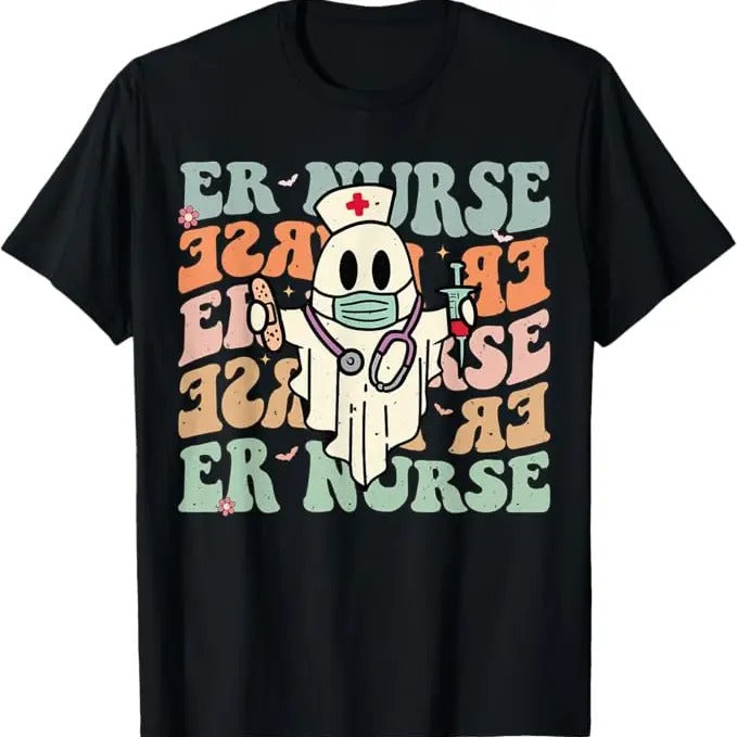 Funny Halloween Shirts For Men, Groovy Emergency Room Nurse Funny Halloween Costume ER Nurse T-Shirt Menswear