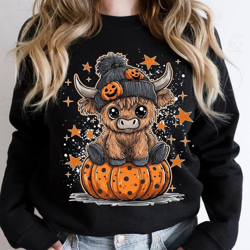 Funny Highland Cow Halloween Sweatshirt, Moo I Mean Boo Fall Pullover, Cute Pumpkin Cow Trick Or Treat Crewneck, Retro...