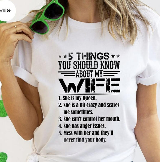 Funny Husband Shirt, Funny Gift For Husband, 5 Things You Should Know About My Wife T-Shirt, Best Husband Shirt, Sarcastic Husband Tee