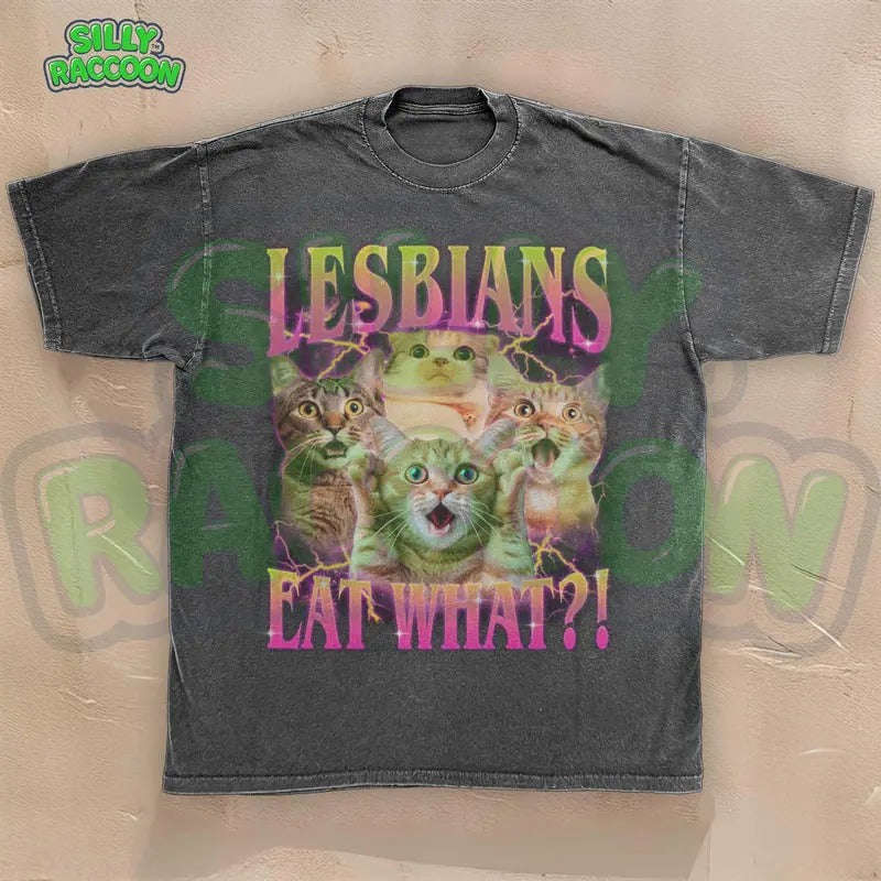 Funny Lesbian Cat T-Shirt | Lesbians Eat What? Meme Tee | Ironic LGBTQ Kitty T-Shirt  | Queer Humor | Retro 90s Tee | Gay...
