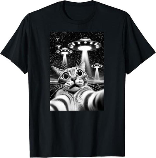 Funny Meme Shirts For Men, Funny Invasion Meme Retro Alien Cat UFO Selfie T-Shirt Menswear Top