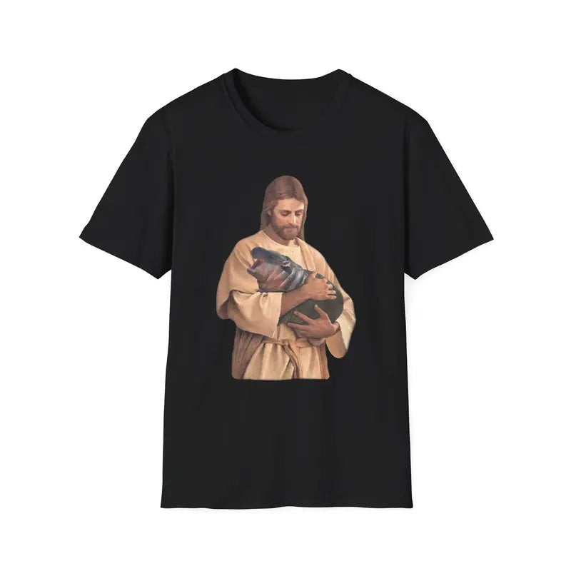 Funny Meme TShirt, Jesus Holding Moo Deng the Hippo Joke Tee, Moo Dang Gift Shirt Hoodie, Sweatshirt | PureTeeCo.com