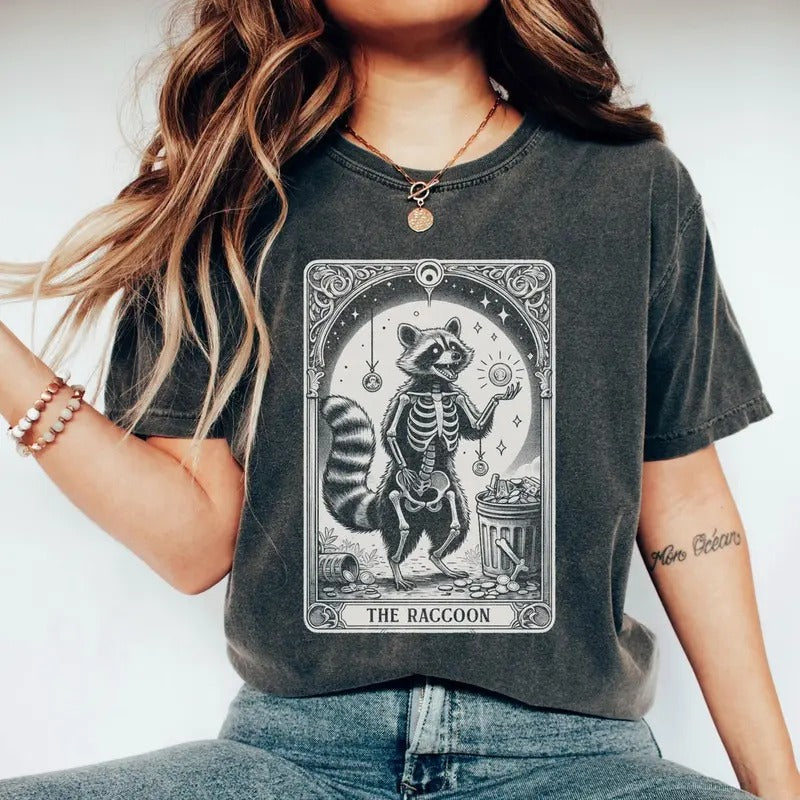 Funny Raccoon Halloween Shirt, Racoon Skeleton T-Shirt, Unhinged Shirt, Tarot Card Raccoon Tee, Astrology Raccoon Tshirt Cotton Top