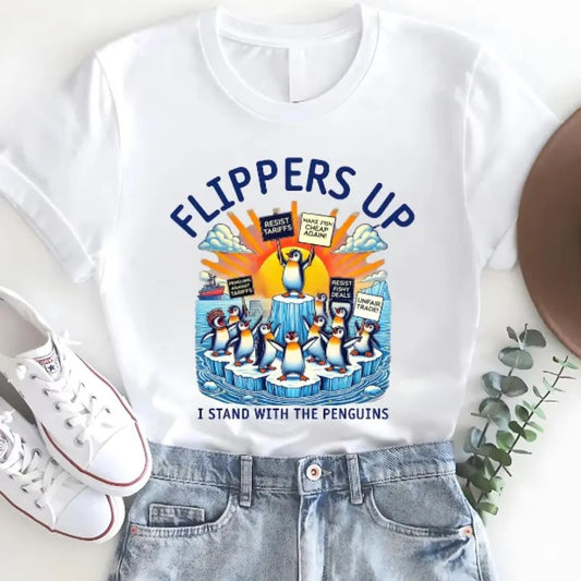 Funny Resist Penguins Protest Against Tariffs T-Shirt, Flippers Up Penguin T-Shirt