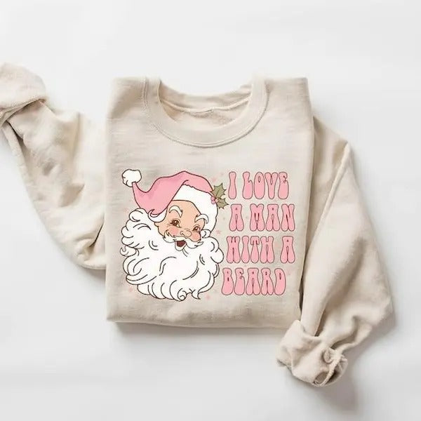 Funny Santa Beard Sweatshirt, Retro Pink Santa Christmas Sweatshirt, Womens Christmas Sweatshirt, Holiday Sweater, Cute...