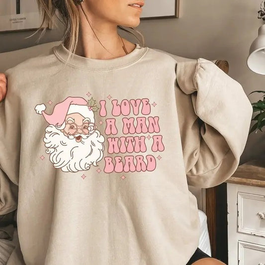 Funny Santa Beard Sweatshirt, Womens Christmas Sweatshirt, Cute Christmas Sweatshirt, Pink Santa Christmas Sweatshirt