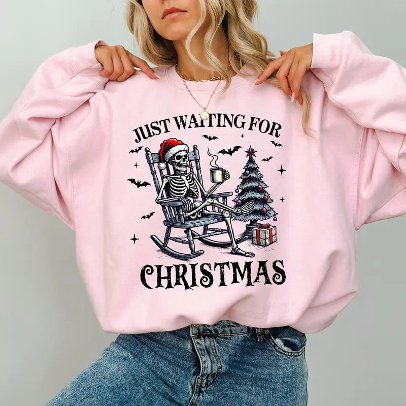 Funny Skeleton Christmas Sweatshirt, Just Waiting For Christmas Skeleton Crewneck, Spooky Skeleton Sweater, Funny Xmas Tops for Women, Christmas Skeleton Sweatshirt, Comfy Long Sleeve Pullover, Women's Tops, Cute Casual Womenswear, Soft Fabric Cotton Tops