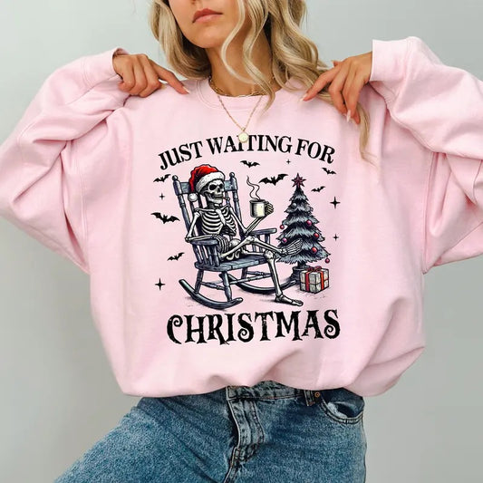Funny Skeleton Christmas Sweatshirt, Just Waiting For Christmas Skeleton Crewneck, Spooky Skeleton Sweater, Funny Xmas Tops for Women, Christmas Skeleton Sweatshirt, Comfy Long Sleeve Pullover, Women's Tops, Cute Casual Womenswear, Soft Fabric Cotton Tops
