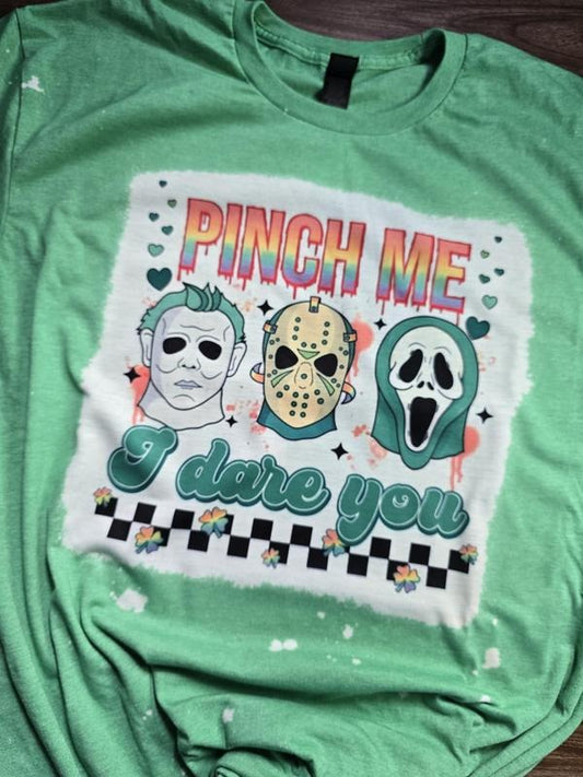Funny St Patrick's Day Bleached T-shirt With Horror Film Characters Pinch Me I Dare You St Patty's Day Shirt With Checkered Pattern