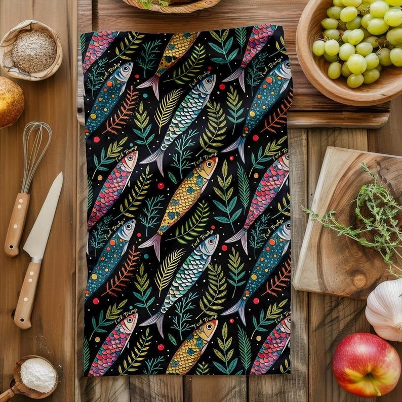 Funny Subtle F Trump Matisse Fauvism Inspired Sardines Tea Towels, Anti Trump Mother's Day, Kitchen Decor, Progressive...