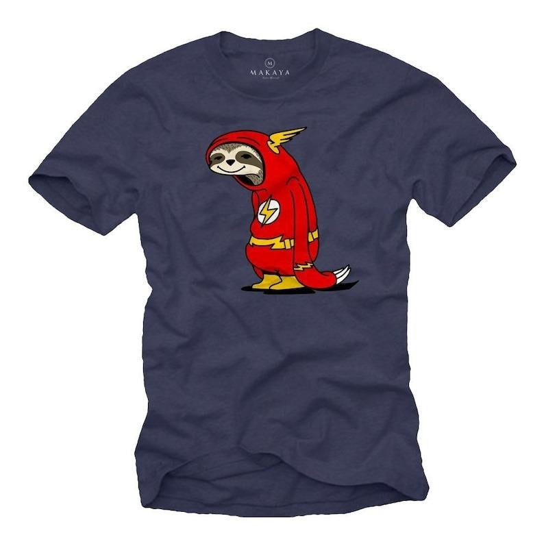 Funny men's T-shirt with print, flash sloth, blue, cool nerd gift for him - large sizes, round neck, S
