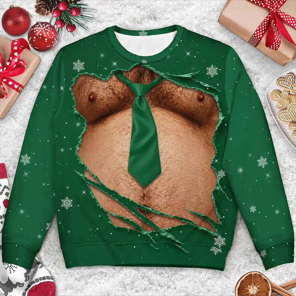 Christmas Gift For Husband Dad Grandpa - Personalized Funny Hairy Belly Abs Body Unisex Ugly Sweater