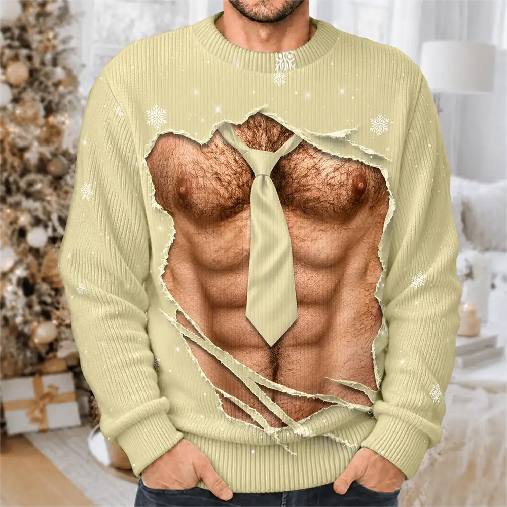 Christmas Gift For Husband Dad Grandpa - Personalized Funny Hairy Belly Abs Body Unisex Ugly Sweater