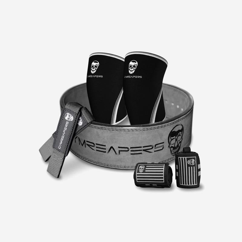 GYMREAPERS Strength Kit - 10mm Gray Lever Belt, 7mm Knee Sleeves, Padded Lifting Straps, 18" Wrist Wraps T-Shirts,...