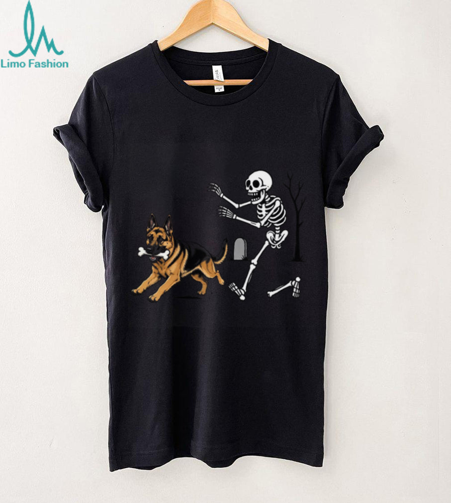 German Shepherd Dog Running With Bone Skeleton Halloween Shirt