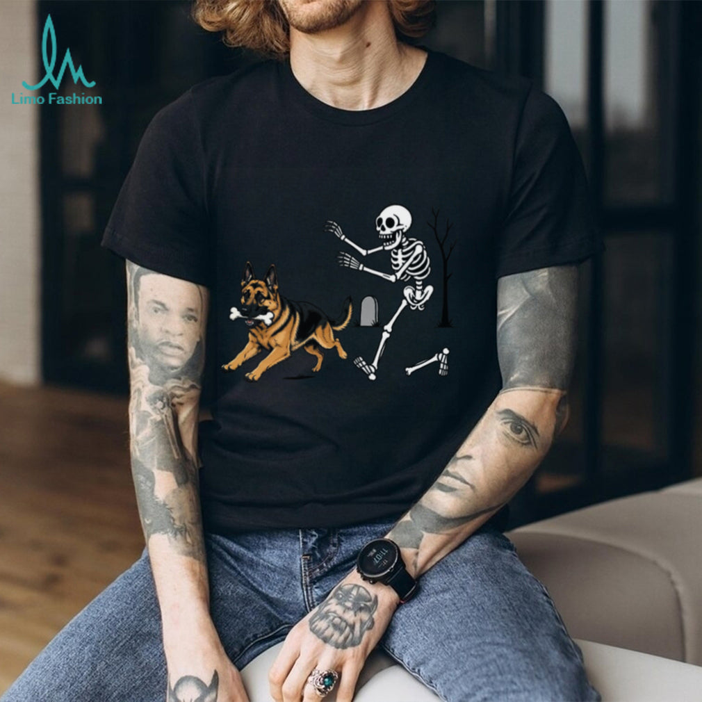 German Shepherd Dog Running With Bone Skeleton Halloween Shirt