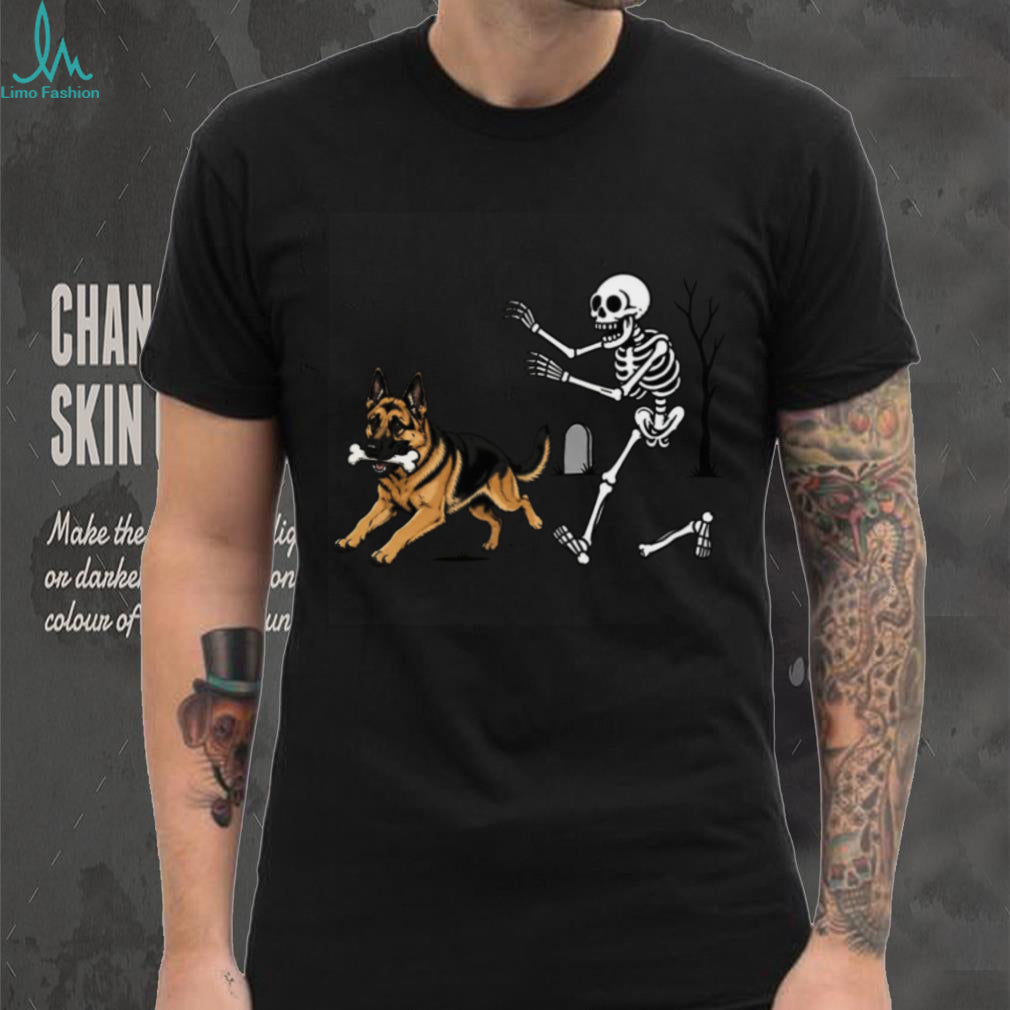 German Shepherd Dog Running With Bone Skeleton Halloween Shirt