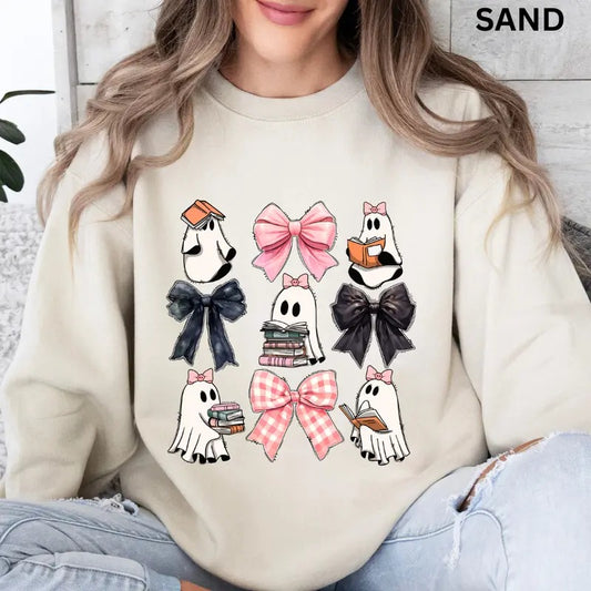 Ghost Books Coquette, Halloween Books and Bows Shirt, Spooky Season Graphic Oversized Halloween Graphic Crewneck, Cotton Pullover Spooky Season Sweater