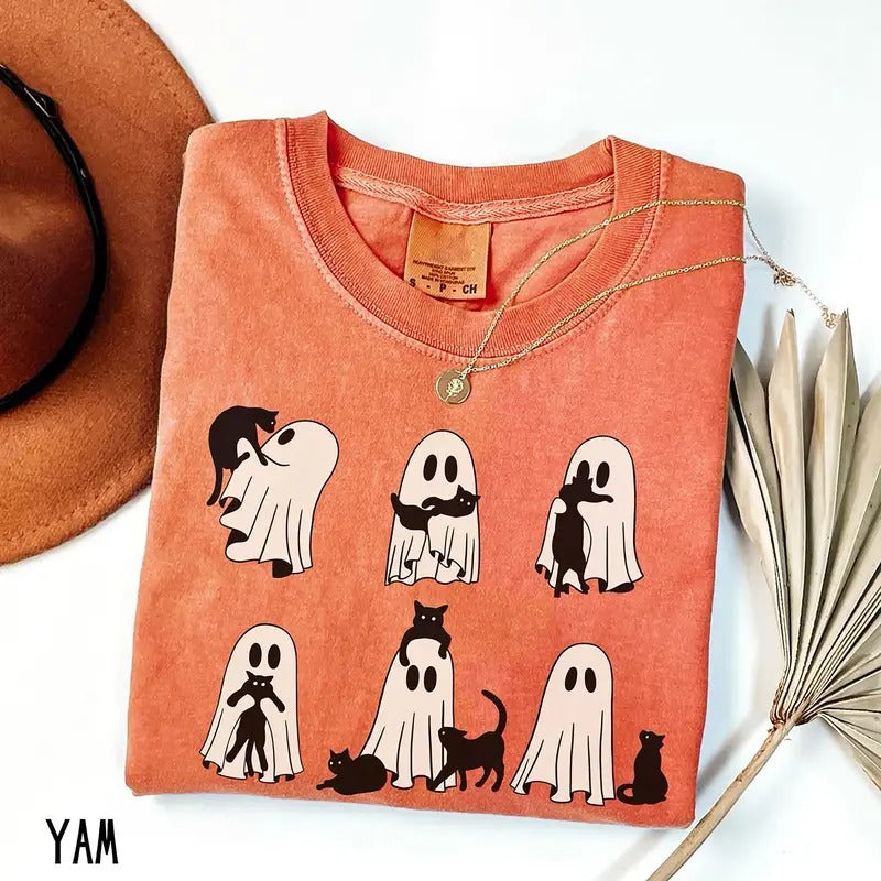 Ghost Cat Shirt, Halloween Ghost Sweatshirt, Ghost Black Cat Shirt, Halloween Black Cat Shirt, Spooky Season Sweater,...