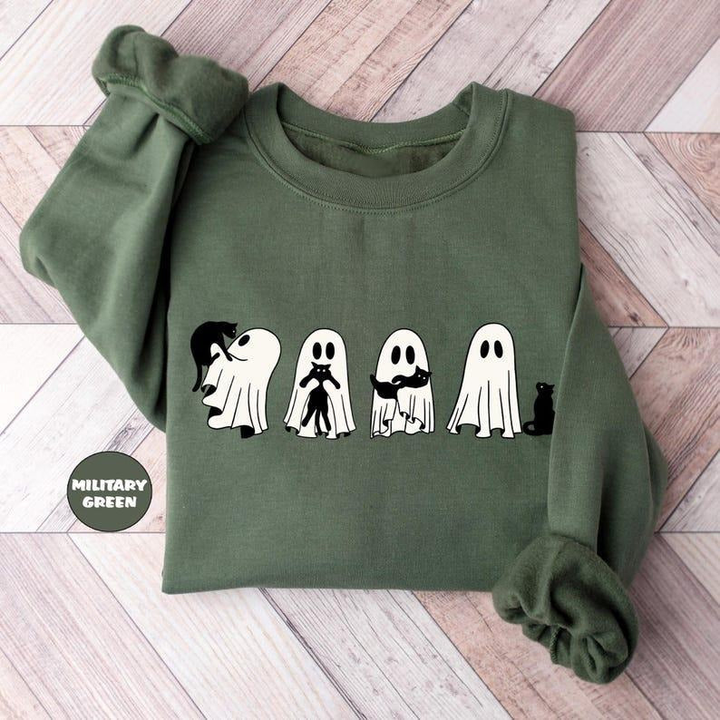 Ghost Holding Black Cat Sweatshirt, Ghost Cat Halloween Hoodie, Halloween Gift for Cat Owners, Halloween Cat Tee, Black...