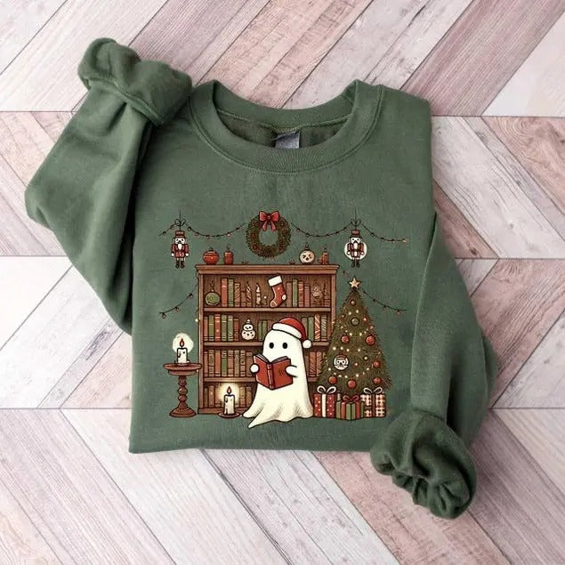 Ghost Reading Books Christmas Sweatshirt, Bookish Christmas Crewneck, Cute Ghost Xmas, Christmas Teacher Gift, Librarian...