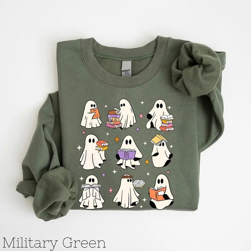Ghost Reading Books Sweater, Bookish Halloween Sweatshirt, Halloween Teacher Gift, Librarian Halloween Hoodie, Ghost...