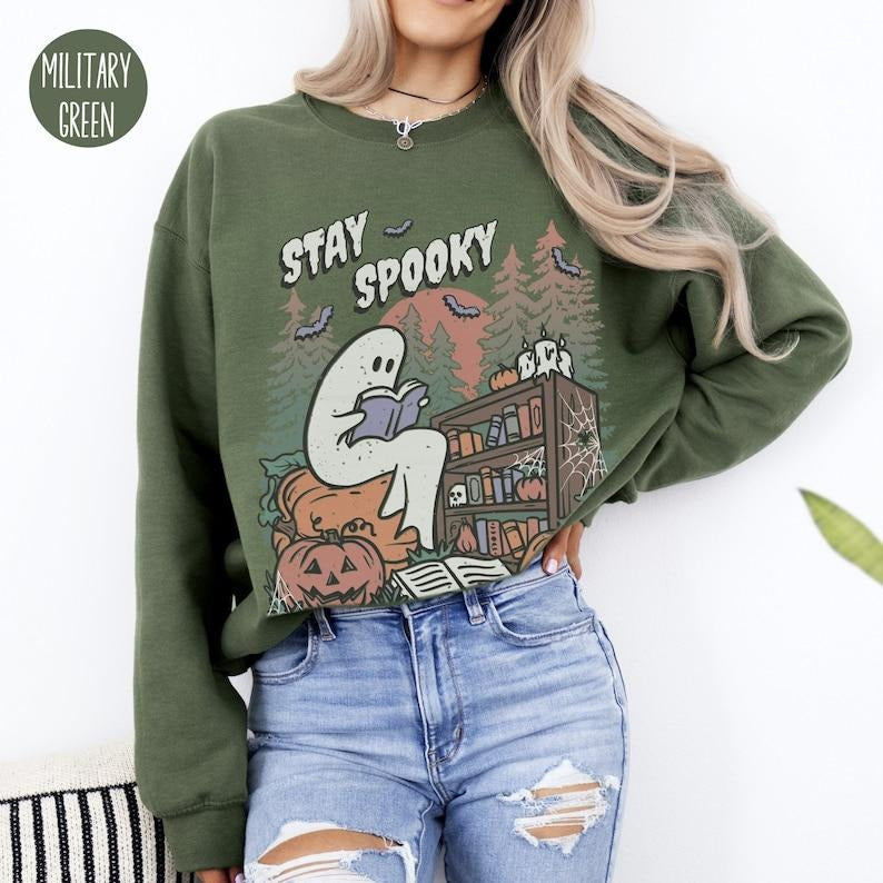 Ghost Reading Books Sweatshirt for Spooky Reader Cute Halloween Bookish Crewneck for Book Lover Funny Spooky Teacher...