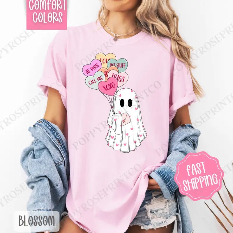Ghost Valentine's Shirt Comfort Colors, Valentine's Day Women's Tee, Cute Women's Tshirt Hoodie, Sweatshirt | PureTeeCo.com