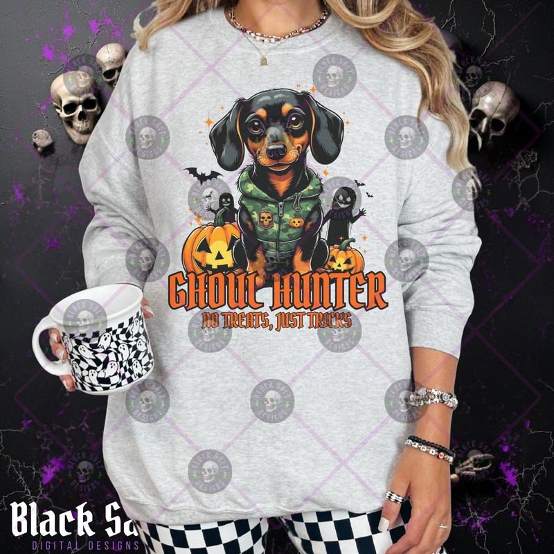 Ghoul Hunter No Treats Just Tricks Dachshund Camo Halloween Grunge Skulls Cotton Crewneck Sweatshirt Hoodie Casual All...
