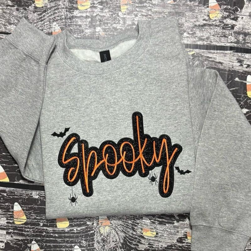 Glitter Spooky Season Embroidered Crewneck Sweatshirt T-Shirts, Hoodie | PureTeeCo.com