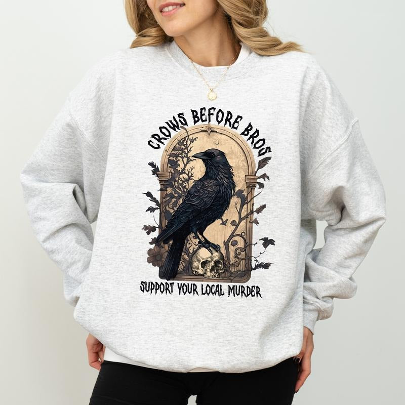 Goblincore Feminist Crow Sweatshirt, Gothic Crows Before Bros Crewneck, Vintage Raven Long Sleeved Pullover, Feminist...