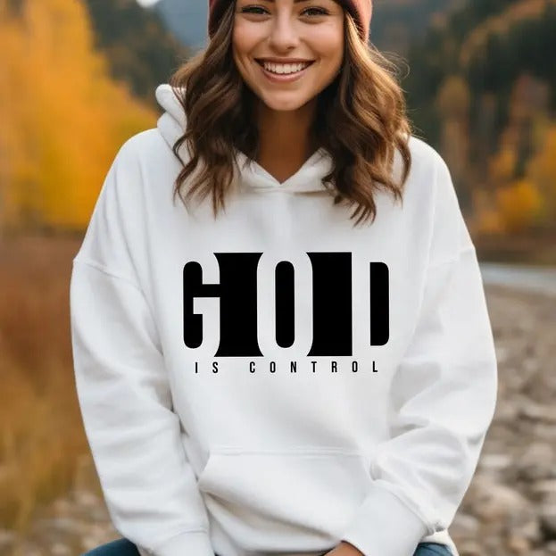 God Is Control Hoodie - White Cotton and Polyester Religiously Inspirational Hoodie with Text Design for Women T-Shirts,...