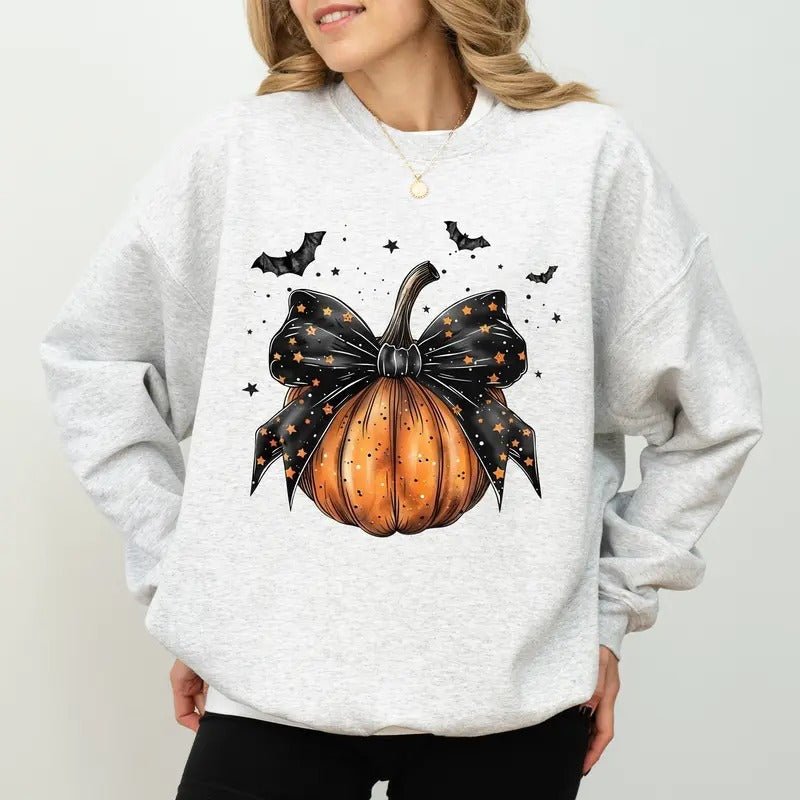 Gothic Coquette Bow Pumpkin Sweatshirt, Halloween Pumpkin Crewneck For Girls, Cute Girly Pumpkin Sweater, Vintage...