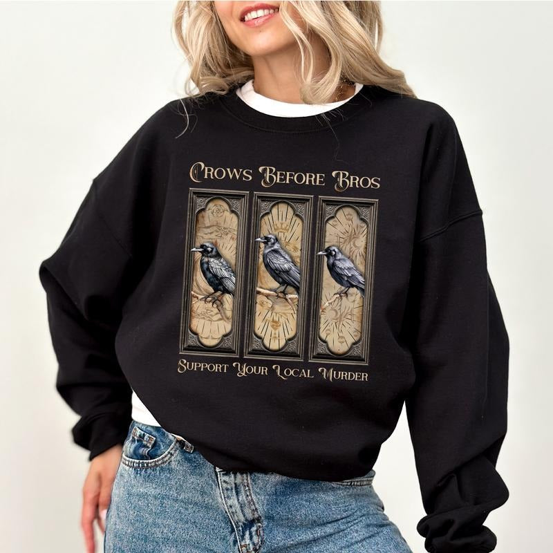 Gothic Crows Before Bros Sweatshirt for Women, Vintage Raven Crewneck, Support Your Local Murder Sweater, Feminist Tops,...