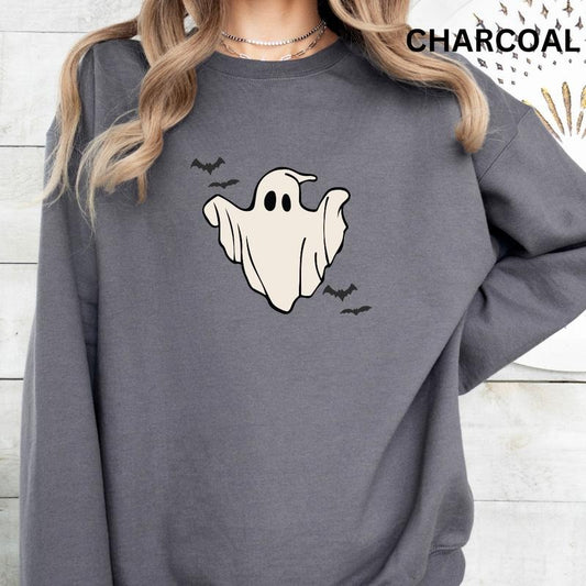 Graphic Halloween Sweatshirt, Ghosts and Bats Halloween Sweatshirt, Spooky Season Graphic Oversized Halloween Graphic Crewneck, Cotton Pullover Spooky Season Sweater