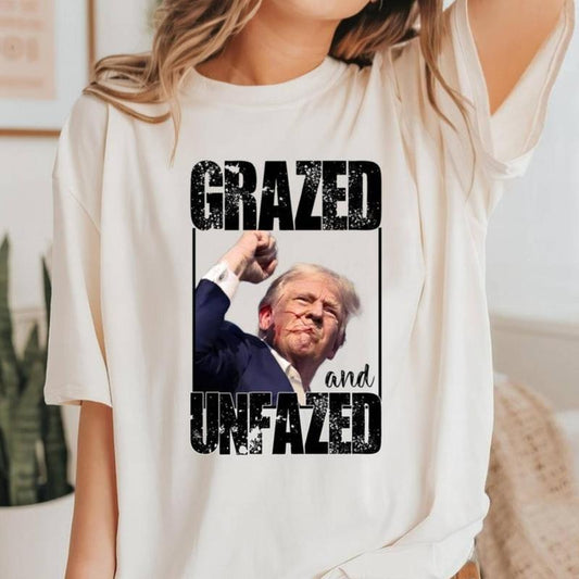 Grazed and Unfazed Donaald Trum Shirt Trum Fist Pump Shot At T Shirt, Trum for President Tee, Trum 2024 T Shirt Top Womenswear