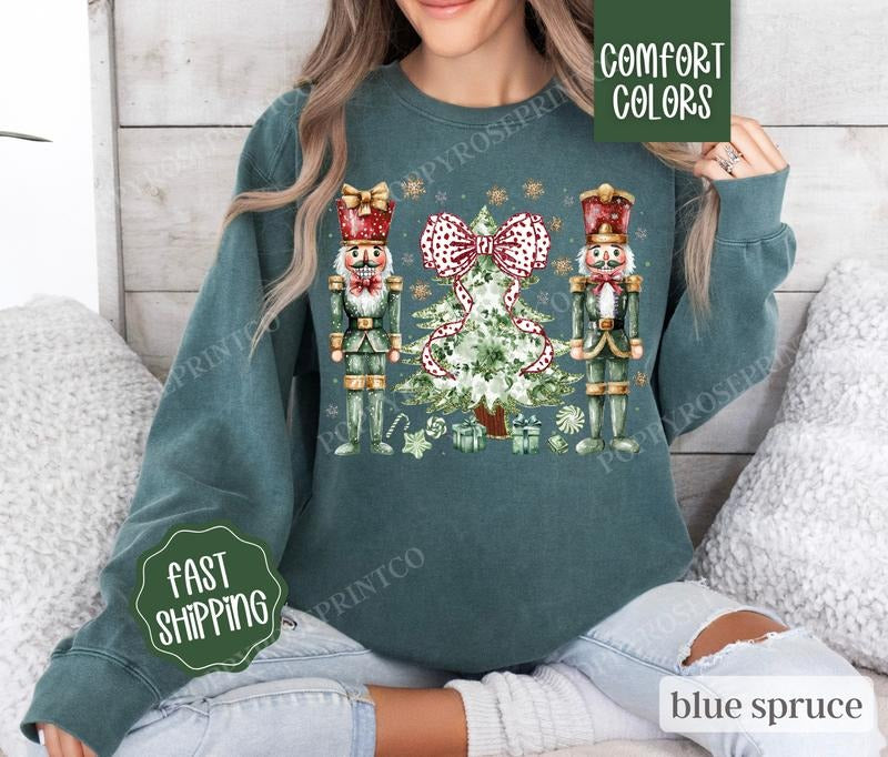 Green Nutcracker Comfort Colors Sweatshirt,  Coquette Christmas Sweater Womenswear,  Holiday Crewneck T-Shirts, Hoodie