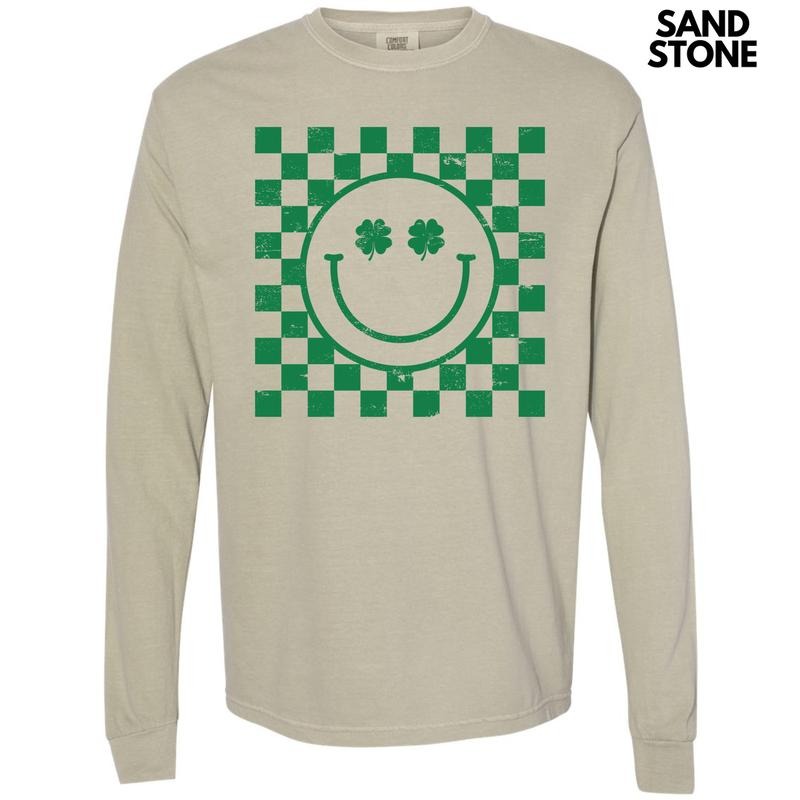Green Shamrock Checker Happy Face Long Sleeve Comfort Colors T-Shirt 'NLB' Hoodie, Sweatshirt | PureTeeCo.com