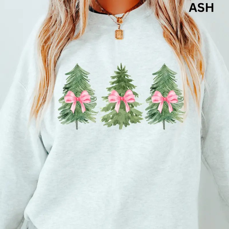 Green Tree with Pink Bow Crewneck, Christmas Winter Sweatshirt, Merry Christmas Sweatshirt, Christmas Sweatshirt, Winter...