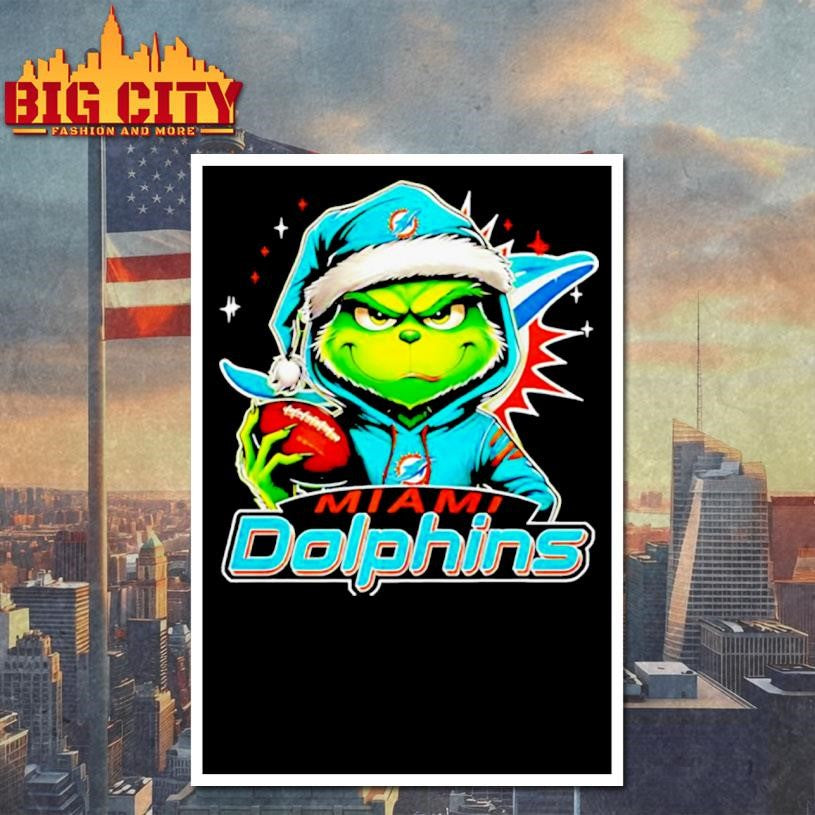 Grinch wearing Santa x Miami Dolphins hat Christmas shirt
