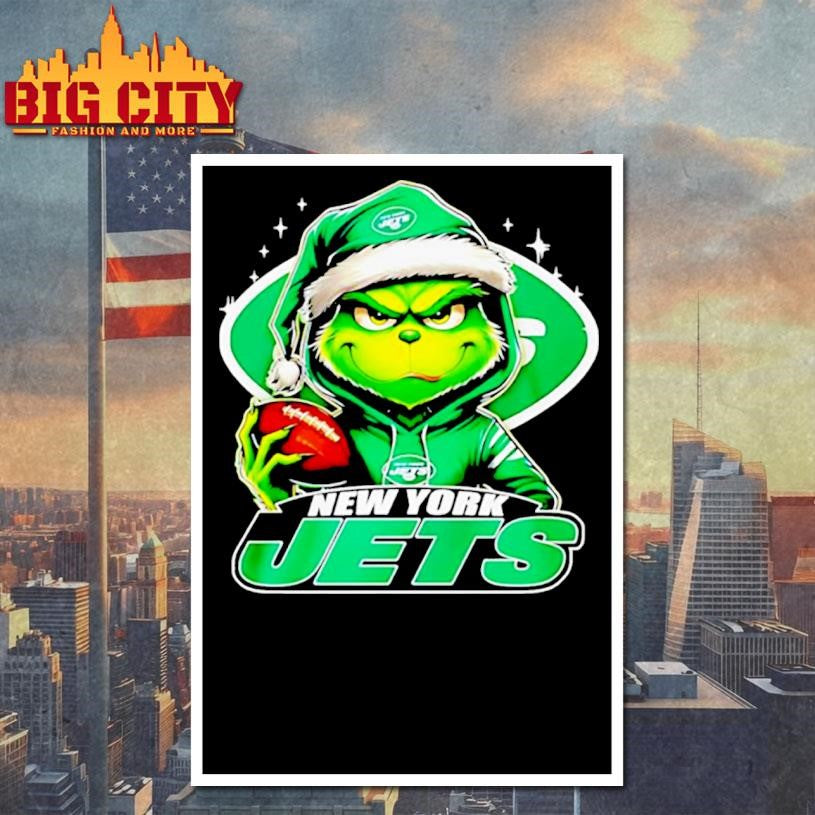 Grinch wearing Santa x New York Jets hat Christmas shirt
